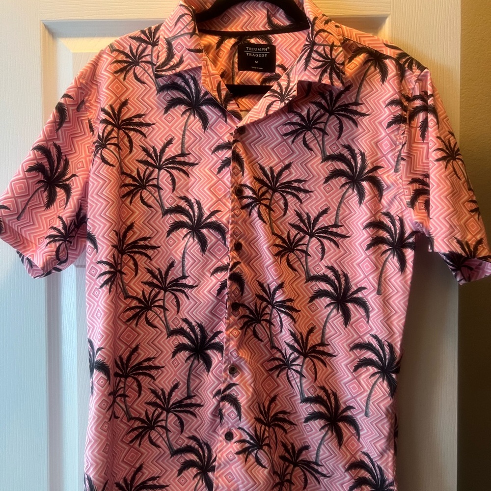 SHEIN Pink and Black Casual Button Down Shirt with Palm Tree Design